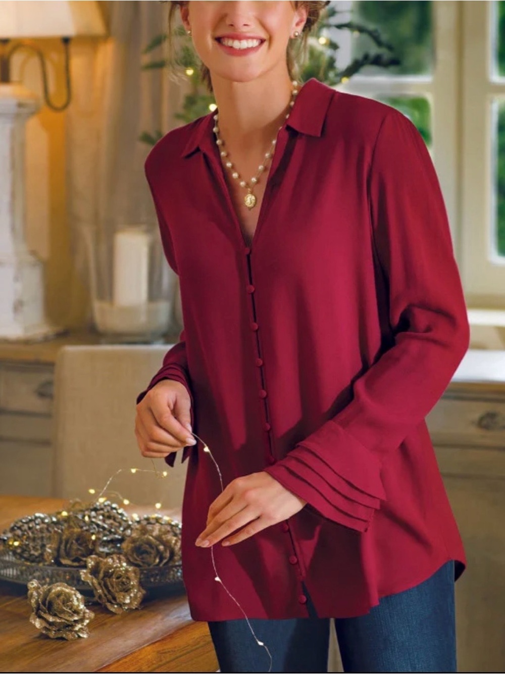 Soft Surroundings Red Marsala Button Down Long Sleeve Tunic Top Size XS